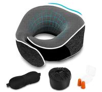 Cisixin Travel Pillow, Memory Foam Neck Pillow, with Eye Masks, Earplugs, 360°Ergonomic Neck Support, for Camping, Sleep, Long Flight(Dark Grey)