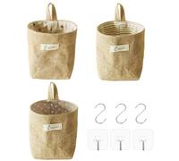 Cisyia 3 Pcs Hanging Storage Baskets, Foldable Wall Organizer | Hanging Storage Bag with S and J Hook, Cotton and Linen Basket for Toys Makeup Small Affairs Keys Toilet Paper Potted