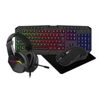 CiT Raptor 4-in-1 Gaming Bundle Kit - UK Layout Rainbow LED Keyboard (115 Keys), 2400 DPI USB Gaming Mouse, 40mm Headset with Mic (3.5mm + USB LED), Mouse Mat, Plug & Play for Windows PC | Black