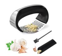 Citadel Black Garlic Press Rocker, Stainless Steel Garlic Crusher, Easy-Squeeze Tool with Garlic Peeler and Cleaning Brush for Smashing Garlic