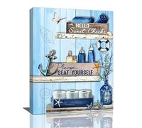 citari Navy Blue Bathroom Decor Wall Art Bathroom Rules Pictures Wall Decor Beach Nautical Anchor Sea Turtle Painting Print Please Seat Yourself Signs Decor Artworks Framed for Bath 12"x16"