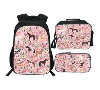 Citari Pink Horse Backpack Set for Boys Girls 3PCS Animal Flowers School Bag with Lunch Box Pencil Case Kids Backpacks Toddler Elementary Bookbag 16 Inch