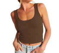 CITASHION 95% Cotton Ribbed Crop Tank Tops for Women Slim Fitted Scoop Neck Basic Cropped Tank Top Layering Shirts, A# Crop-brown, L