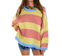 CITASHION Women's Fall Long Sleeve Sweaters Striped Color Block Chunky Knit Crew Neck Oversized Loose Pullover Sweater, Yellow Orange, XL