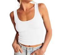 CITASHON 95% Cotton Ribbed Crop Tank Tops for Women Slim Fitted Scoop Neck Basic Cropped Tank Top Layering Shirts, A# Short-white, S