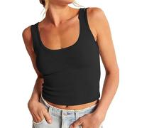 CITASHON 95% Cotton Ribbed Crop Tank Tops for Women Slim Fitted Scoop Neck Basic Cropped Tank Top Layering Shirts, A# Short-black, L