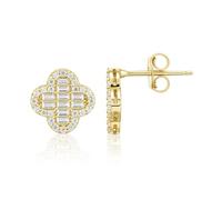 Citerna 9ct Yellow Gold Stud Earrings for Women - Sparkling White Cubic Zirconia Baguette and Round Clover Earrings 0.25ct, Real Gold Italian Made Jewellery