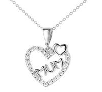 Citerna Women's 9ct White Gold Cubic Zirconia MUM Heart Pendant Necklace with 46cm Chain - Elegant Luxury Necklace for Mother’s Day or Everyday Wear