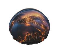 cities night view Shower Cap Double Layers Waterproof Bath Shower Hat Reusable Elastic Hair Cap for Women Ladies Men