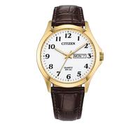 Citizen Gold Tone Stainless Steel Bezel White Dial Brown Leather Strap Watch