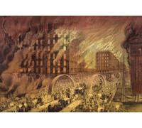 Citizens escaping across the Randolph Street Bridge during the Great Chicago Fire of 1871, which burned from October 8 to October 10 and destroyed an area about 4 miles by 1.5 km wide (approximately 6
