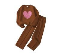 Citridarll Girls 2 Piece Outfits Heart Print Sweatsuit Long Sleeve Sweatshirts Sweatpants Tracksuit Sets Fall Winter Clothing Set, 11Y, 10-11 Years, Brown