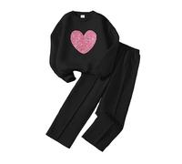 Citridarll Little Girls Sweatsuit Casual Heart Print Kids Fall Clothes Set Pullover Sweatshirt Pants Tops Leggings Trousers 2 Piece Clothing Set, 12Y, 11-12 Years, Black