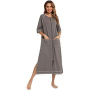 Citridarll Women Zipper Front Robe 3/4 Sleeve House Coat Zip up Bathrobes Lightweight Nightgown with Pockets, Grey, X-Large