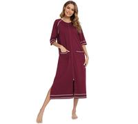 Citridarll Womens Zipper Front 3/4 Sleeves Robe Loungewear Full Length Sleepwear with Pockets Bathrobe House Coat Nightgown, Wine Red, Medium