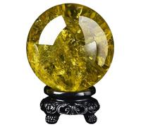 Citrine Crystal Ball Engraved Hand Polished Stone Sculpture Figure with Stand for Feng Shui Home Decoration, Crystals,8cm
