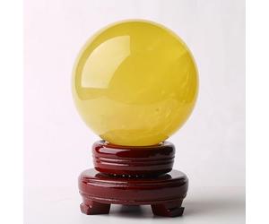 Citrine Crystal Ball with Wooden Stand, Yellow Ornaments,Scrying,Magic Gemstone Sphere for Home Office Entrance Gift Decoration,8cm/3.14in