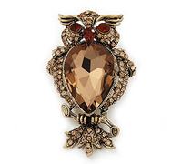 Citrine CZ Owl Brooch In Gold Plated Metal - 6cm Length