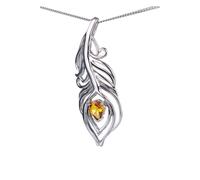 Citrine Peacock Feather Pendant Necklace Ojewellery Silver 22 inches