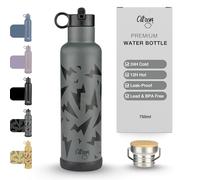 Citron Insulated Water Bottle Stainless Steel, Thunder Black - 750ml, BPA & Lead-Free, Leak Proof Straw/Flask Lids - Keeps Liquids Cold for 24 Hours & Hot for 12 Hours - 25.36 oz