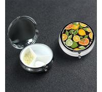 Citrus Fruit Pattern Pill Box with Mirror 3 Compartment Decorative Pill Case for Purse or Pocket Small Round Pill Organizer Weekly Metal Medicine Tablet Vitamin Holder Travel Gift