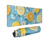 Citrus Splash Large Gaming Mouse Pad, Blue Lemons and Oranges Floral Design Stitched Edge Mousepad, Rubber Non-Slip Washable Gaming Mouse Pad for Home and Office Computer, Laptop 12x32 Inch
