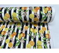 Citrus Stripes Fabric Home Decor Curtain Upholstery Black & White Stripe Orange Lemon Digital Print Material - 140cm Wide - Sold by The Metre