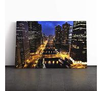 City and Buildings at Night Canvas Print | Gallery Wrapped 30mm Frame Wall Art | 24x16 inches | Ready to Hang | Modern Cityscape Picture | Living Room Bedroom Lounge Office
