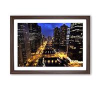 City and Buildings at Night Framed Print | A2 Walnut Framed Wall Art | Ready to Hang | Modern Cityscape Picture | Living Room Bedroom Lounge Office