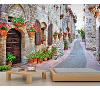 City Block Wall Murals Romantic Floral Street Mural Nordic Architecture City Mural Water Proof Bright Color Wallpaper for Bedroom Kitchen Home Decoration 150 x 100 cm