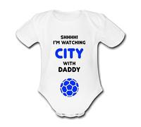 CITY BLUE Shhh! I'm watching with Daddy Mummy Grandad Unique Football Babygrow Cute Personalised Funny Baby Vest Grow Boys Girls Unisex Gift Babygrow Bodysuit LEICESTER CARDIFF BIRMINGHAM