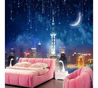 City Bustling Skyscraper Night Sky Moon Stars 3D Wallpaper Luxury Silk Study Dining Feature Sofa Grey Bedroom Living Room Tv Decorative Wall-200cm×140cm