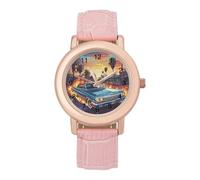 City Car Women's Watch Pink Rose Gold Strap Wristwatch Minimalist Easy Reader Watchec