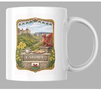City Cardiff Ceramic Mug with Welsh Dragon and Castle Illustration, Souvenir Gift
