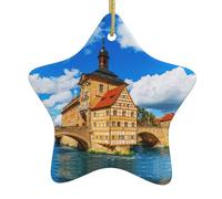 City Hall Building Double-Sided Printed Ceramic Star Christmas Ornament With Gold Hanging Cord-Festive Holiday Decoration For Home,Store, Christmas Tree