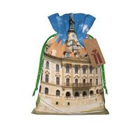 City Hall Building Printed Christmas Drawstring Bags Reusable Xmas Bag for Party Xmas Gift Wrapping, Green Ribbon, S