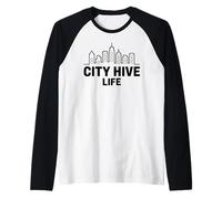 City Hive Life Urban Beekeeper Skyline Art Raglan Baseball Tee