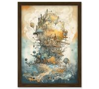 City in the Clouds Pastel Colour Concept Art Modern Watercolour Painting Artwork Framed Wall Art Print A4 Artery8 Brown One Size