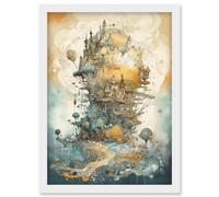 City in the Clouds Pastel Colour Concept Art Modern Watercolour Painting Artwork Framed Wall Art Print A4 Artery8 White One Size