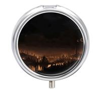 City in The Dark Pill Box 3 Compartment Travel Pill Organizer 3 Times A Day Cute Mini Pill Case for Purse & Pocket Portable Metal Medicine Box with Mirror Round Daily Medicine Vitamin Container