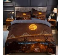 City Lights Super King Duvet Set San Francisco and the Bay Bridge under the moon Microfiber Quilt Cover Soft Breathable Wrinkle Resistant Bedding Set 260x220 cm with Hidden Zipper for Bedroom Decor