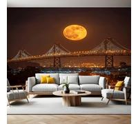 City Lights Wall Mural 250 x 180 cm San Francisco and The Bay Bridge Under The Moon Non-Woven Art Print Wallpaper Mural for Walls Living Room Bedroom TV Background Boys Girls Kids Rooms Decoration