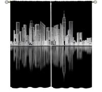 City Night Landscape Curtains,Black White Cityscape Buildings Modern Home Decor Drapes for Bedroom Living Room Kitchen Window Treatment 2 Panels Set Total Size 42" W X 54" L Inch