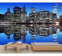 City Night Scene Mural High-Rise Buildings and Water Surface Wall Mural Wallpaper Deep Blue Sky Wallpaper City Lights Wall Paper for Girls Bedroom Murals Living Room Paintings Poster 350X256cm