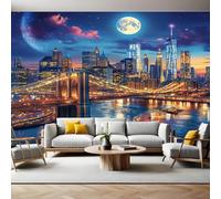 City Night Scene Wall Mural 250 x 180 cm Brooklyn Bridge, New York Non-Woven Art Print Wallpaper Mural for Walls Living Room Bedroom TV Background Boys Girls Kids Rooms Decoration