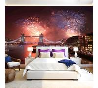 City Night Sky Mural Wallpaper London Bridge Fireworks Photo Wallpaper 3D Effect 200 x 140 cm Non-Woven Wall Mural Home Bedroom Living Room Tv Background Poster Decoration