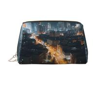 City Night View Leather Makeup Bag, Large-Capacity Travel Storage Bag, Dual-Purpose Toiletries and Makeup Bag