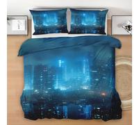 City Nightscape Duvet Cover Set, Cyber City Reversible Bedding Set, Modern Sci-Fi Polycotton 3 pcs Lightweight Premium Quilt Cover Set for All Seasons With Zipper (Blue, Single)