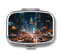 City Nightscape Small Pill Box for Purse Travel Essentials Metal Pill Case 2 Compartments Compact Medicine Container Portable Daily Pill Organizer for Vitamins Fish Oils