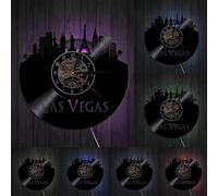 City Of Gambling Las Vegas Skyline Wall Clock Las Vegas Cityscape Home Decor Nevada Architecture Vintage Vinyl Record Wall Clock With LED